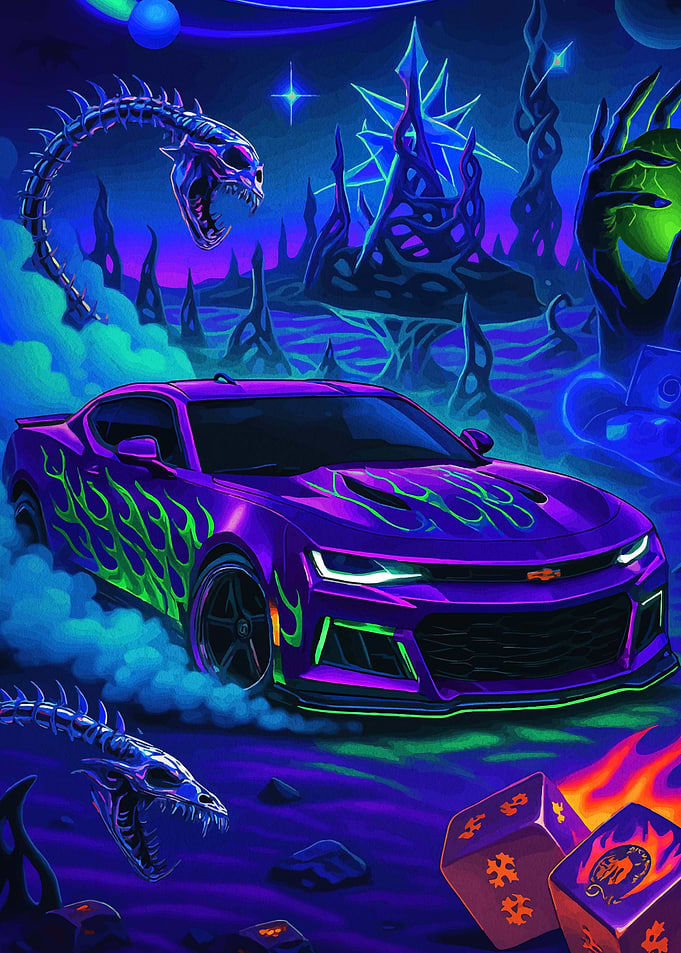 Purple Camaro with Neon Flames in Alien Landscape