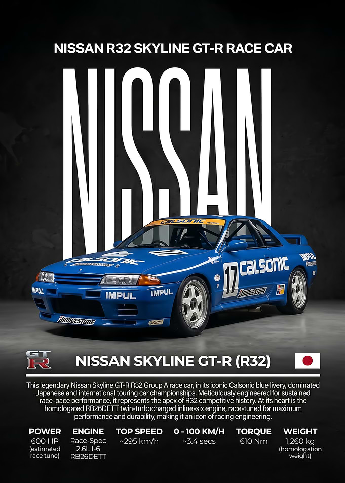 sleek Nissan R32 Skyline GT-R Calsonic Race Car Poster