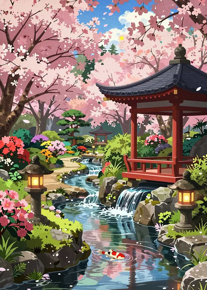Serene Japanese Garden with Cherry Blossoms