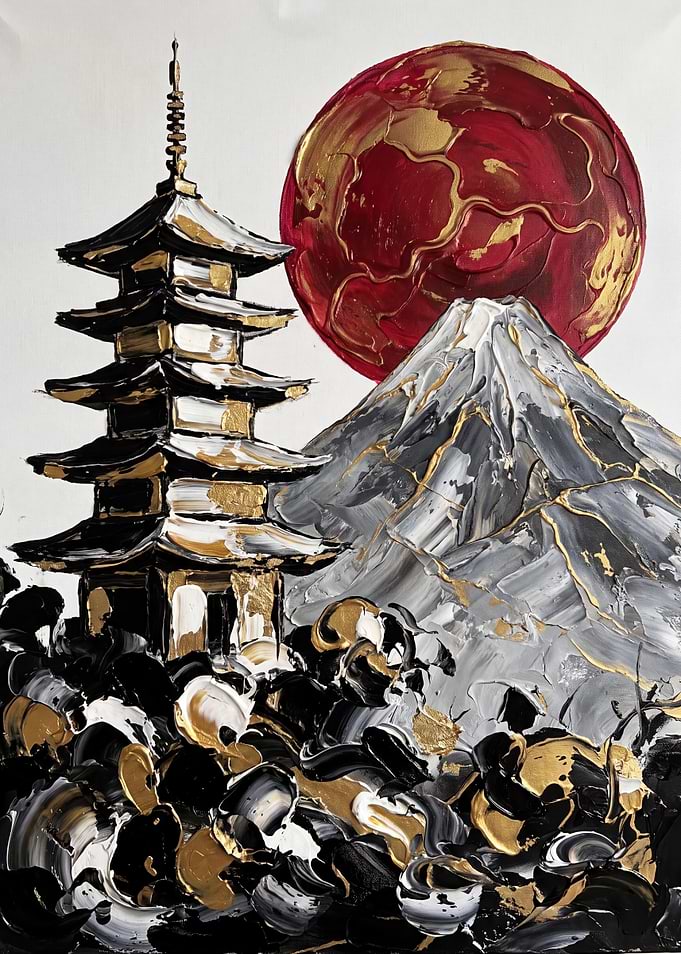 Japanese Pagoda and Mount Fuji Painting