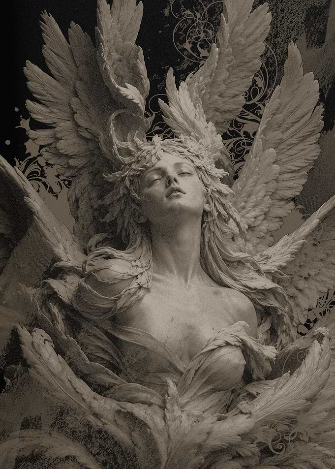 Angelic figure with wings and floral crown
