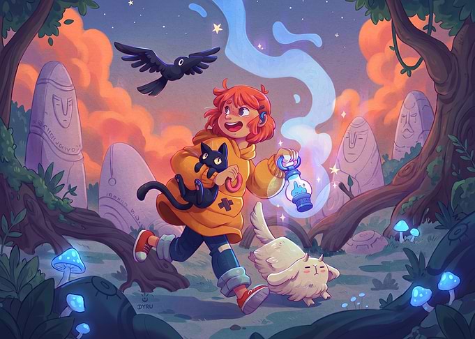 Girl with Cat and Creature in Magical Forest