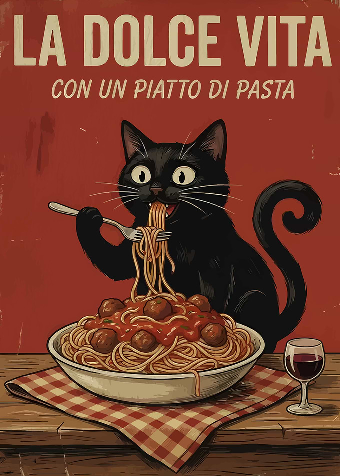 Black Cat Eating Spaghetti
