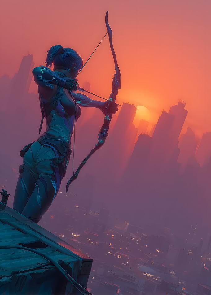 Cyberpunk Archer at Sunset Over City
