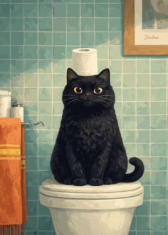 Black cat with toilet paper on head