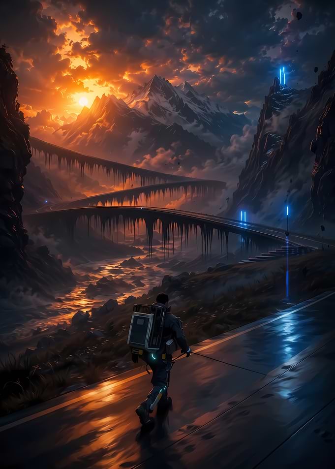 Futuristic Traveler in a Mountainous Landscape