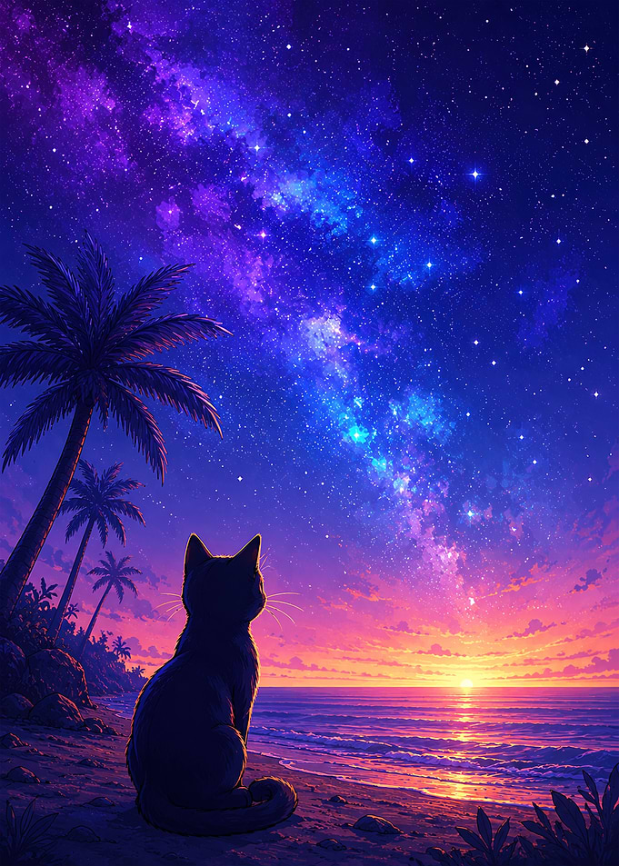 Cat Gazing at Starry Sunset Beach