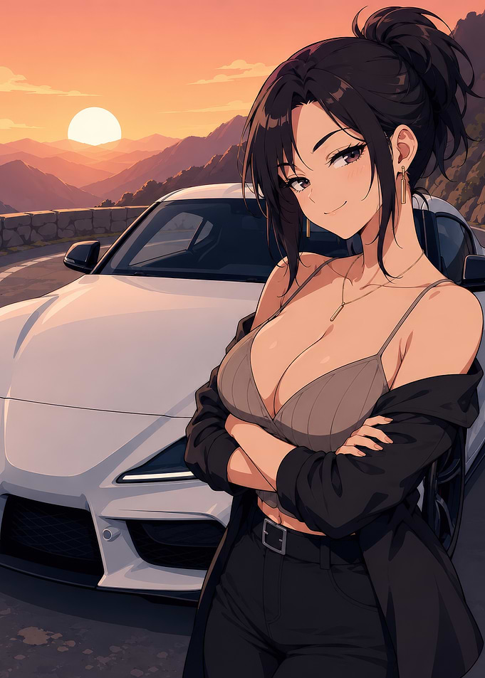 Anime girl with car at sunset