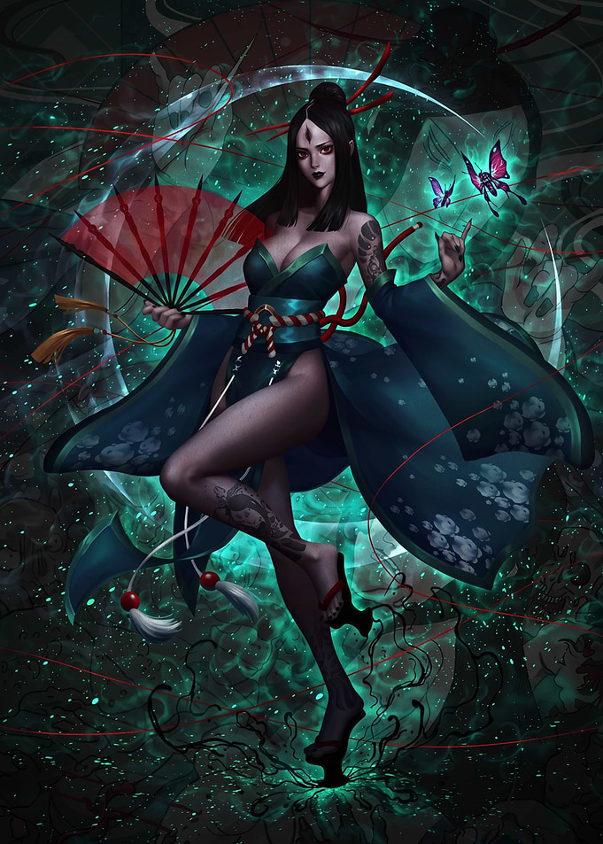 Geisha with Fan and Butterflies