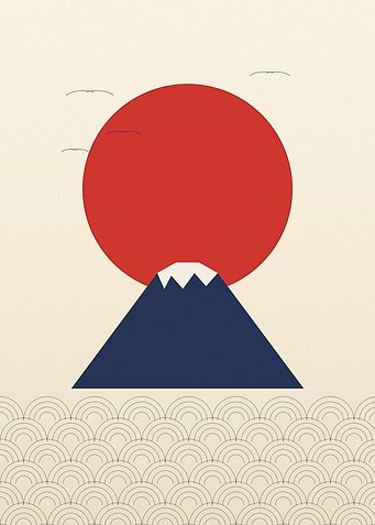 Rising Sun & Cranes - Minimalist Japanese Fuji