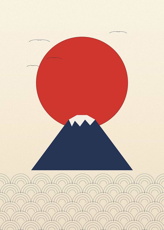 Rising Sun & Cranes - Minimalist Japanese Fuji
