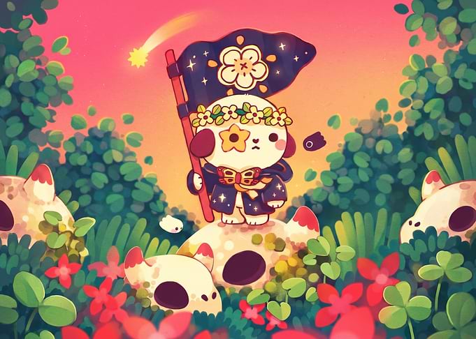 Cute Dog Character Holding a Flag