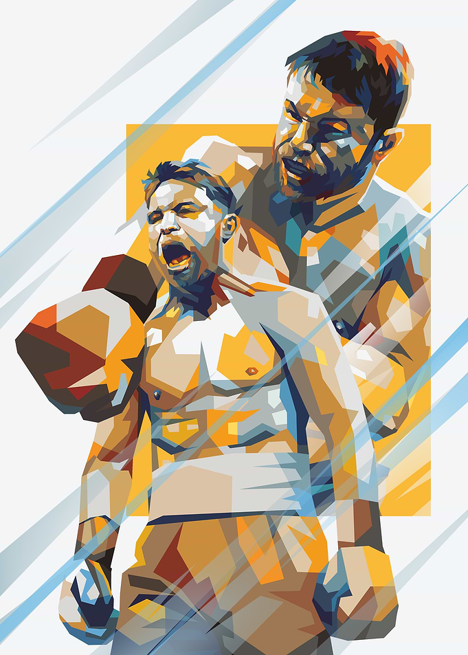 Poster featuring an illustration of a boxer in a colorful style