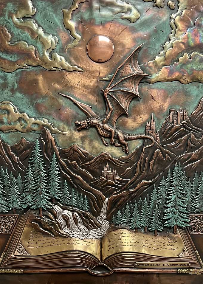 Dragon flying over fantasy landscape