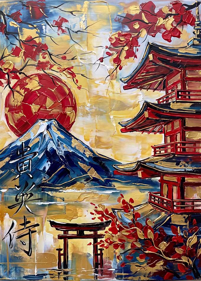 Japanese Pagoda, Mount Fuji, and Torii Gate