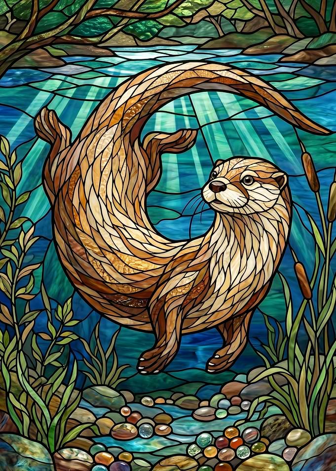 Stained Glass Otter Swimming Underwater