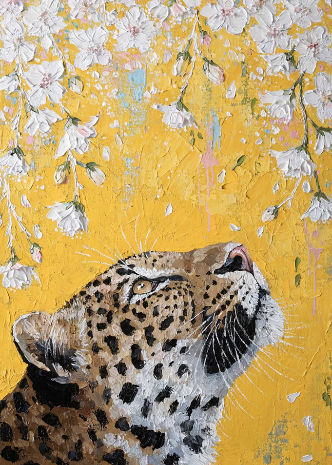 Leopard Looking Up at Cherry Blossoms