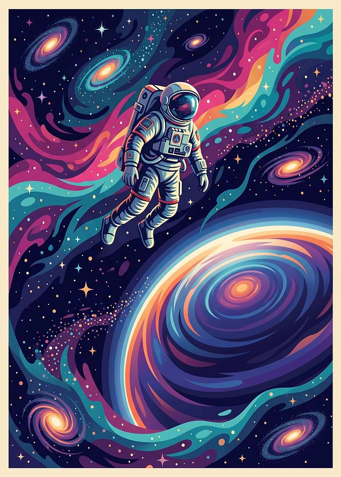 Astronaut floating in a colorful galaxy
