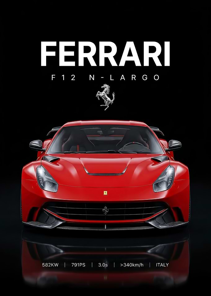 sleek Ferrari F12 N-Largo Red Supercar Poster