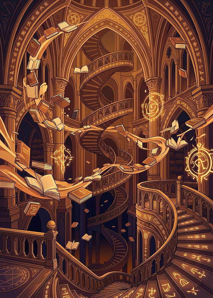 Magical Library with Floating Books
