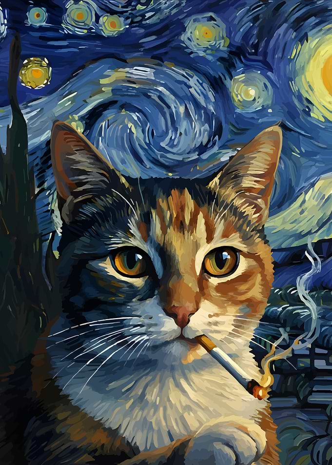 Cat Smoking in Starry Night Style
