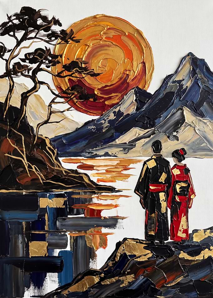 Couple in Kimonos by a Lake at Sunset