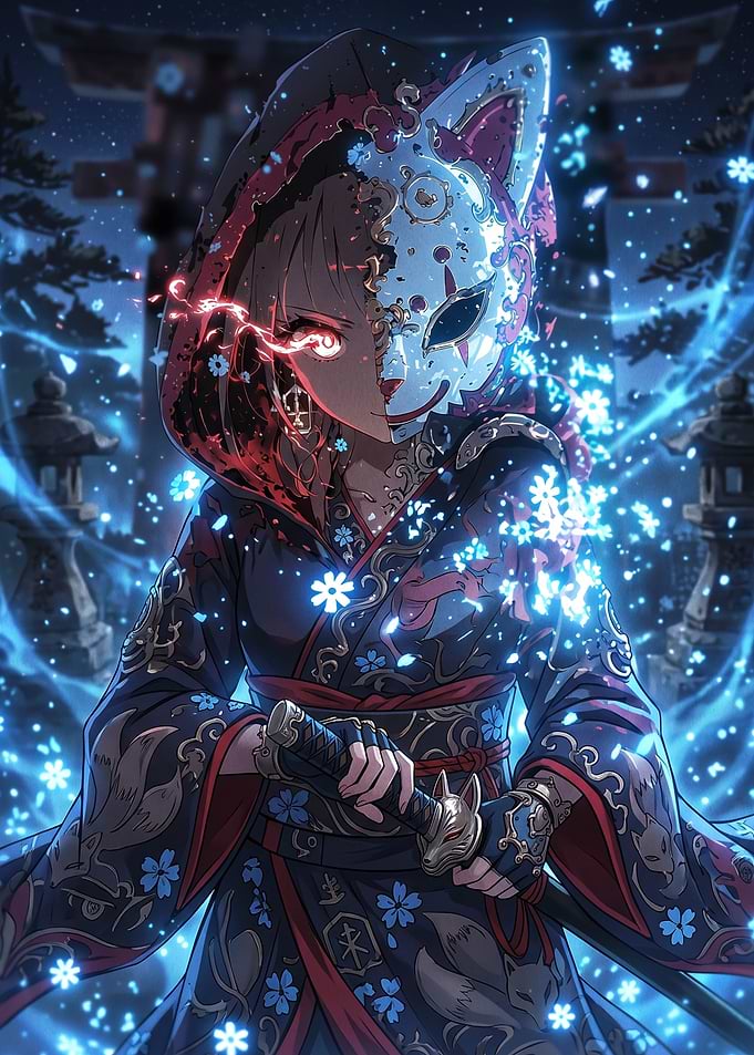 Kitsune Masked Warrior with Glowing Eyes