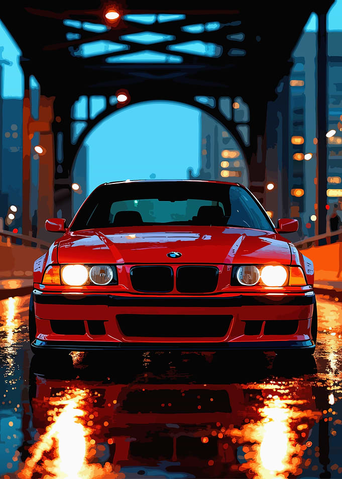 Red BMW on Wet City Street