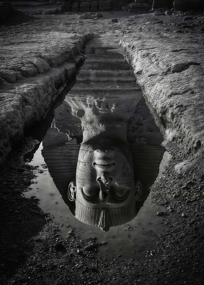 Egyptian Pharaoh Statue Path Puddle Street Reflection