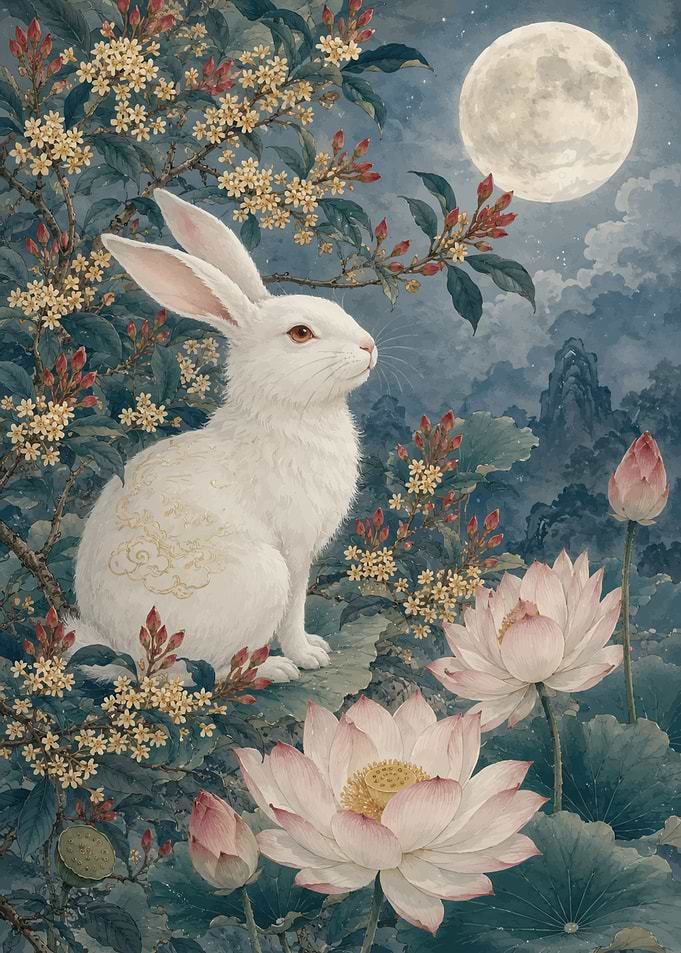 Moon Rabbit with Lotus Flowers