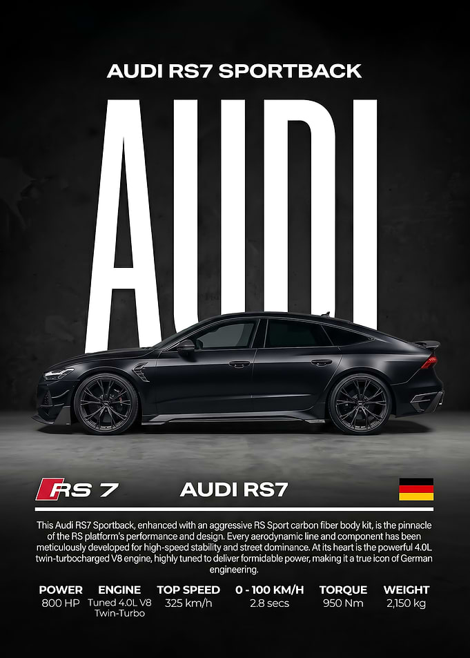 sleek black Audi RS7 Sportback side view Poster