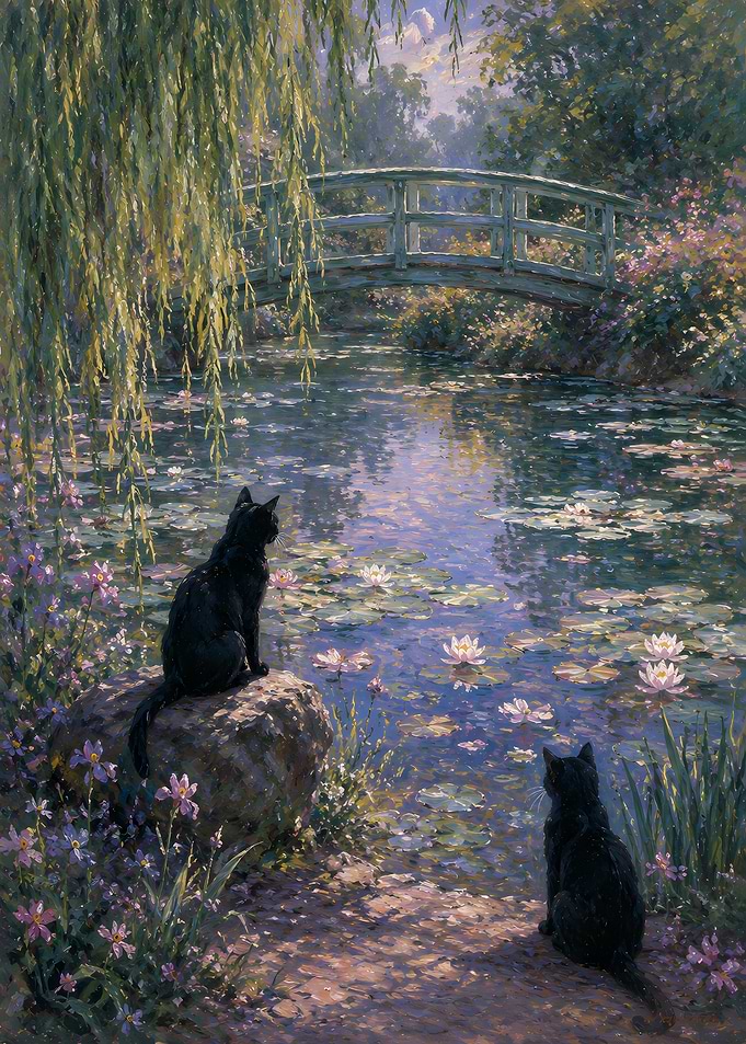 Black Cats in an Impressionist Garden