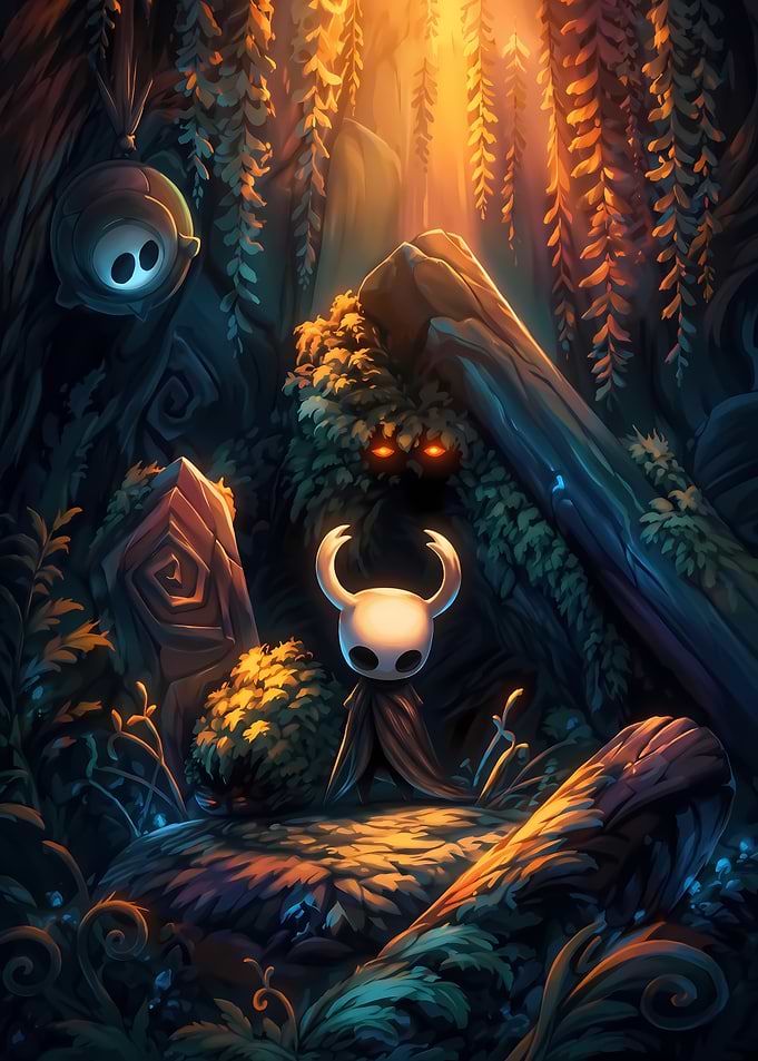 Hollow Knight in a Dark Forest