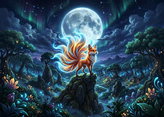 Magical Fox Under the Aurora Moon