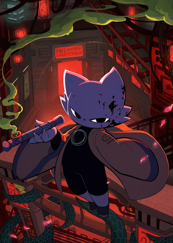 Anime Cat Character with Flute in Neon City