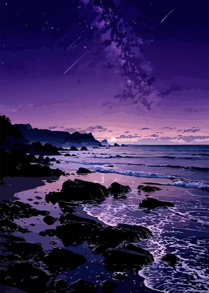 Purple Starry Night Beach Landscape