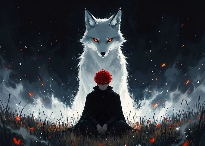 Anime character with spirit wolf