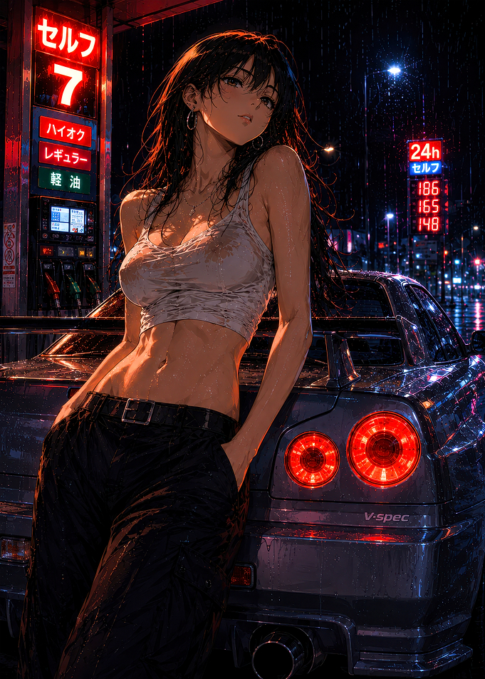 Anime Girl with Nissan Skyline GT-R R34
