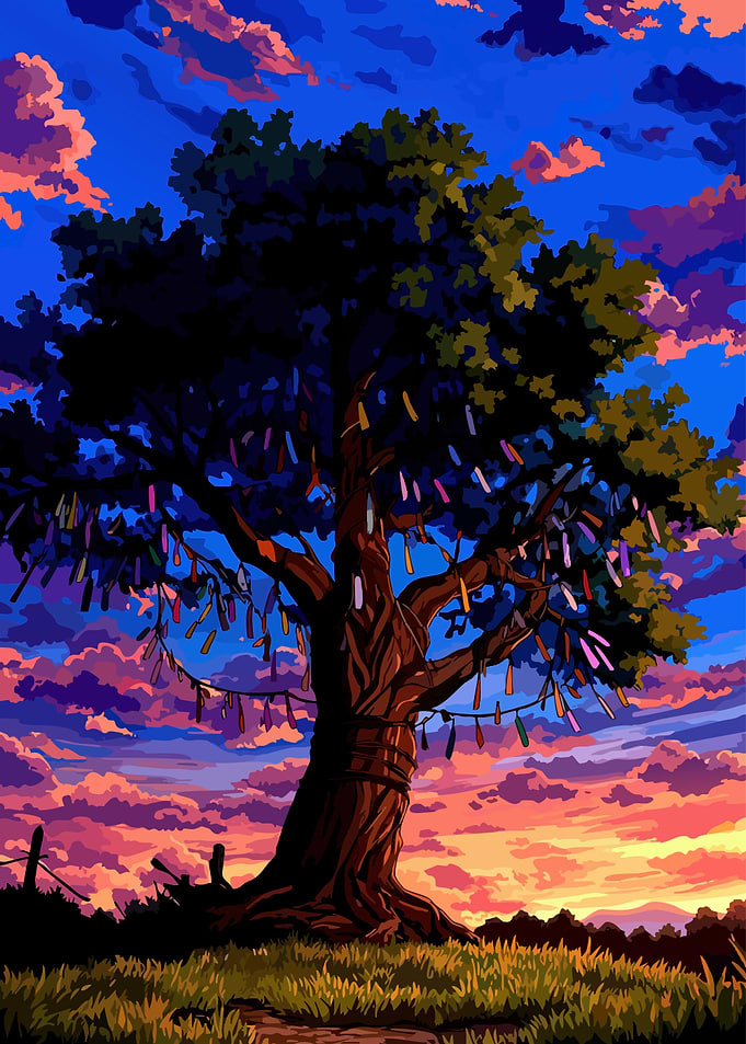 Tree with prayer ribbons at sunset