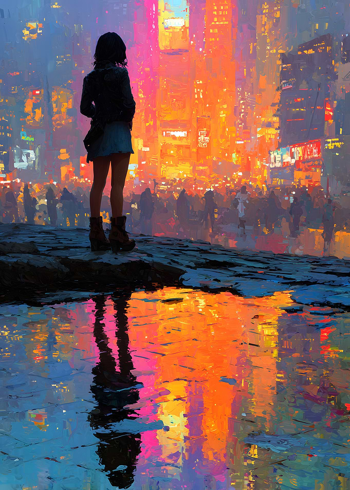 Woman Overlooking Vibrant Neon City