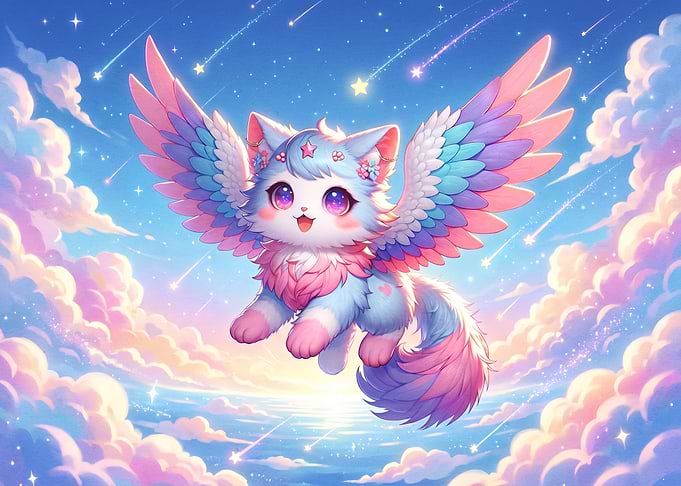 Cute Winged Cat in a Starry Sky