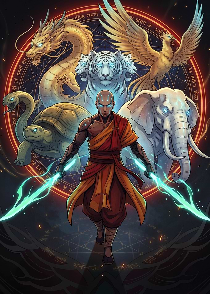 Monk with Mythical Creatures