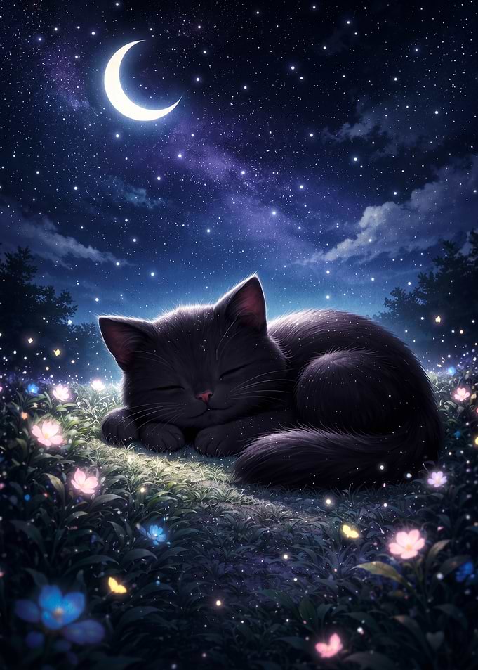 Sleeping Black Cat Under Crescent Moon