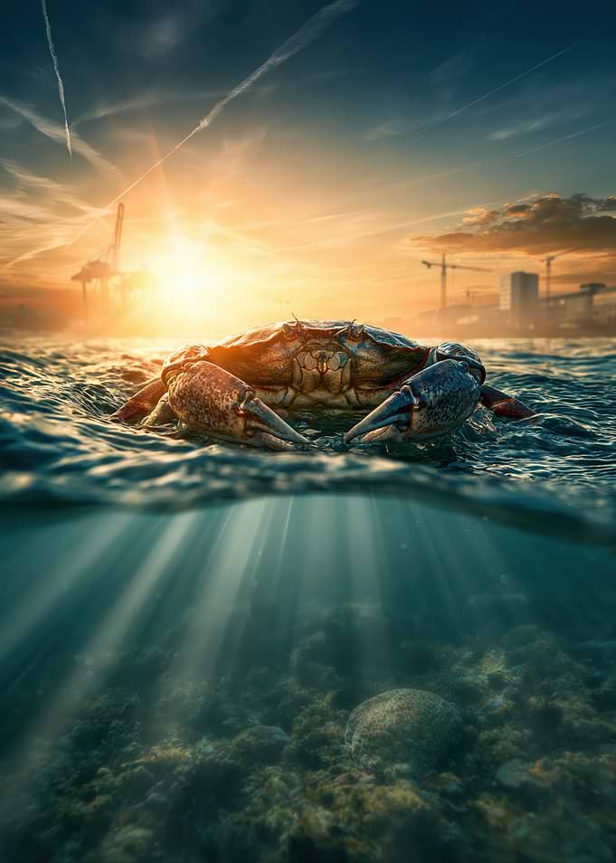 Giant Crab at Sunset Harbor Split View
