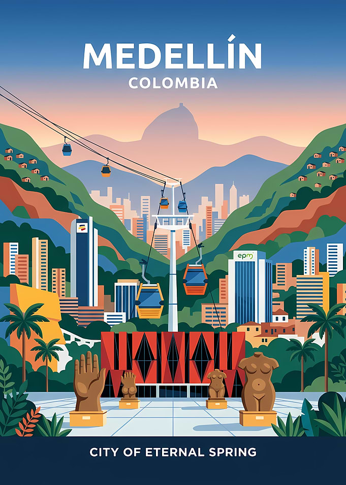 Medellin Cityscape with Cable Cars
