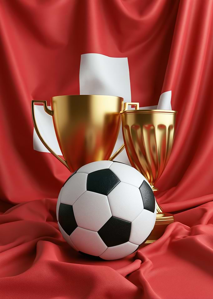 Soccer Trophies and Ball on Swiss Flag