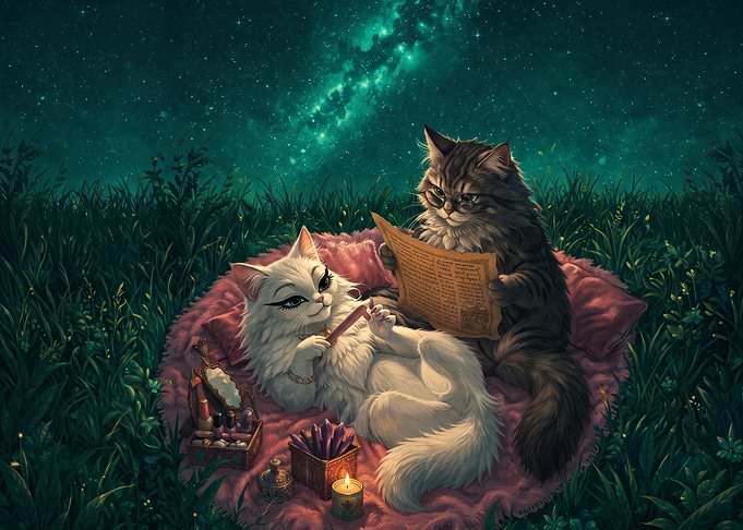 Cats Enjoying a Starry Night Picnic