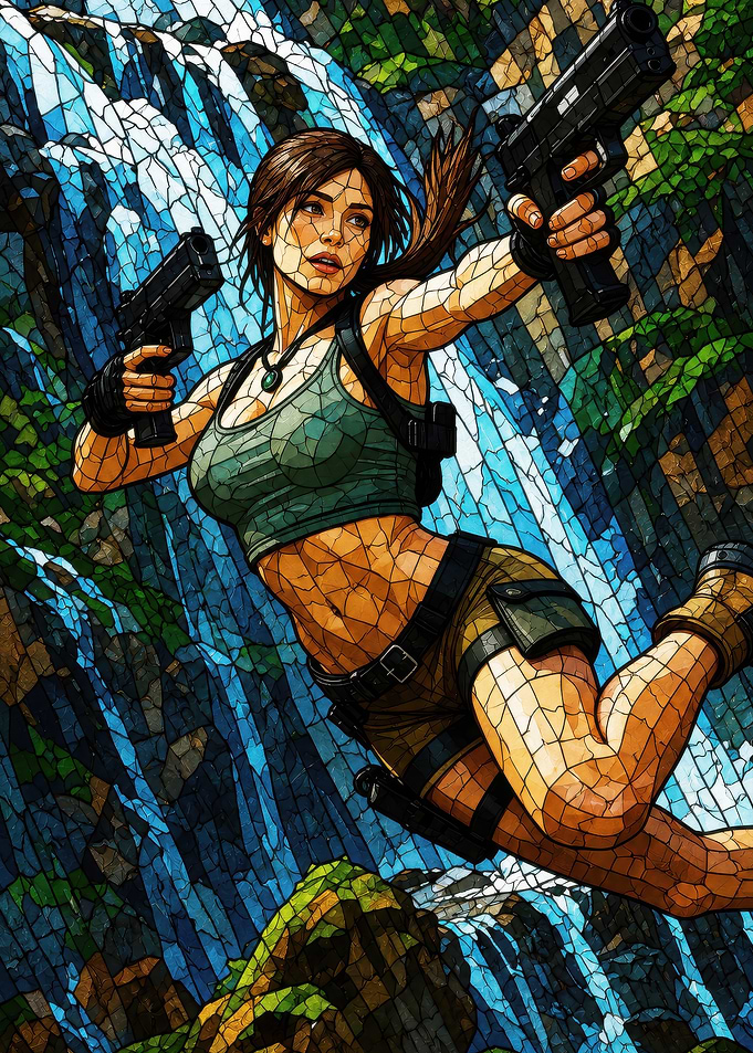 Lara Croft in a Waterfall