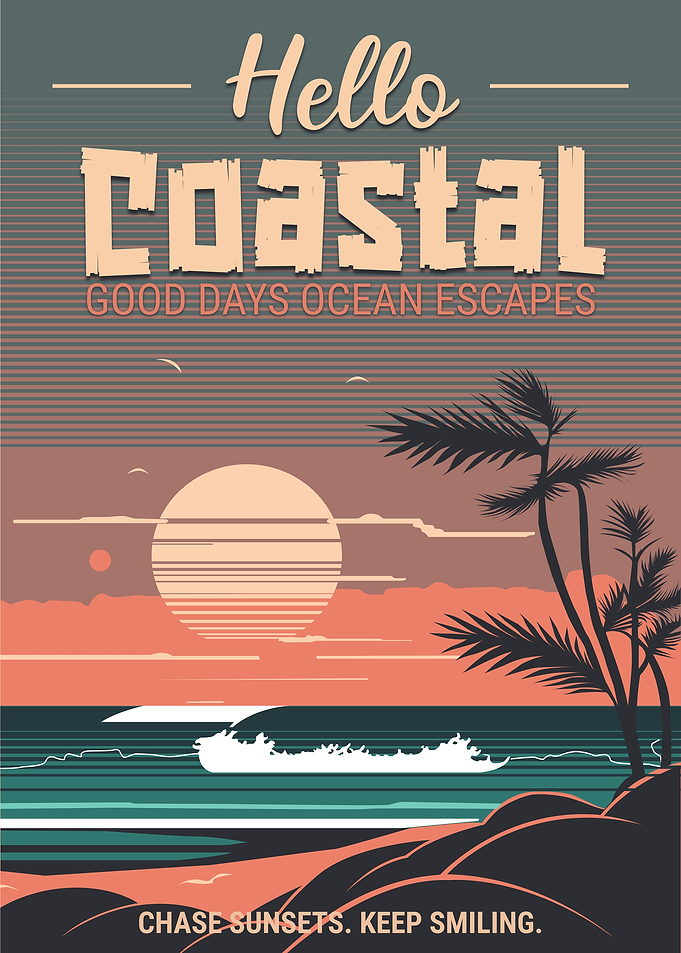 Hello Coastal Retro Beach Sunset