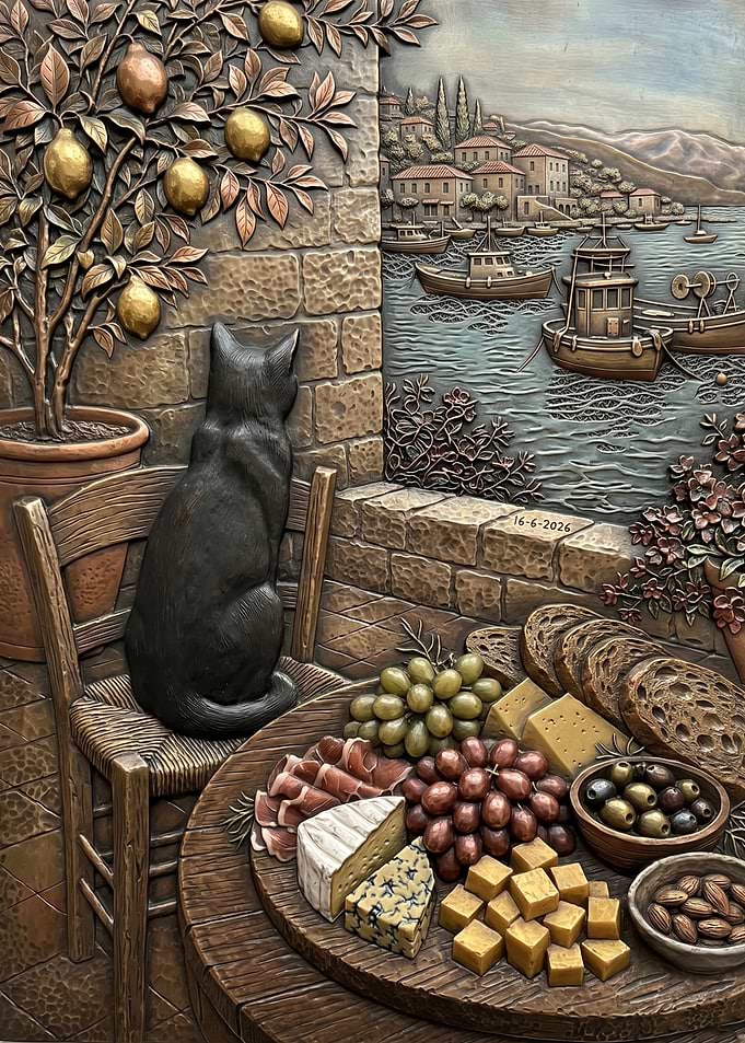 Cat overlooking a Mediterranean harbor scene